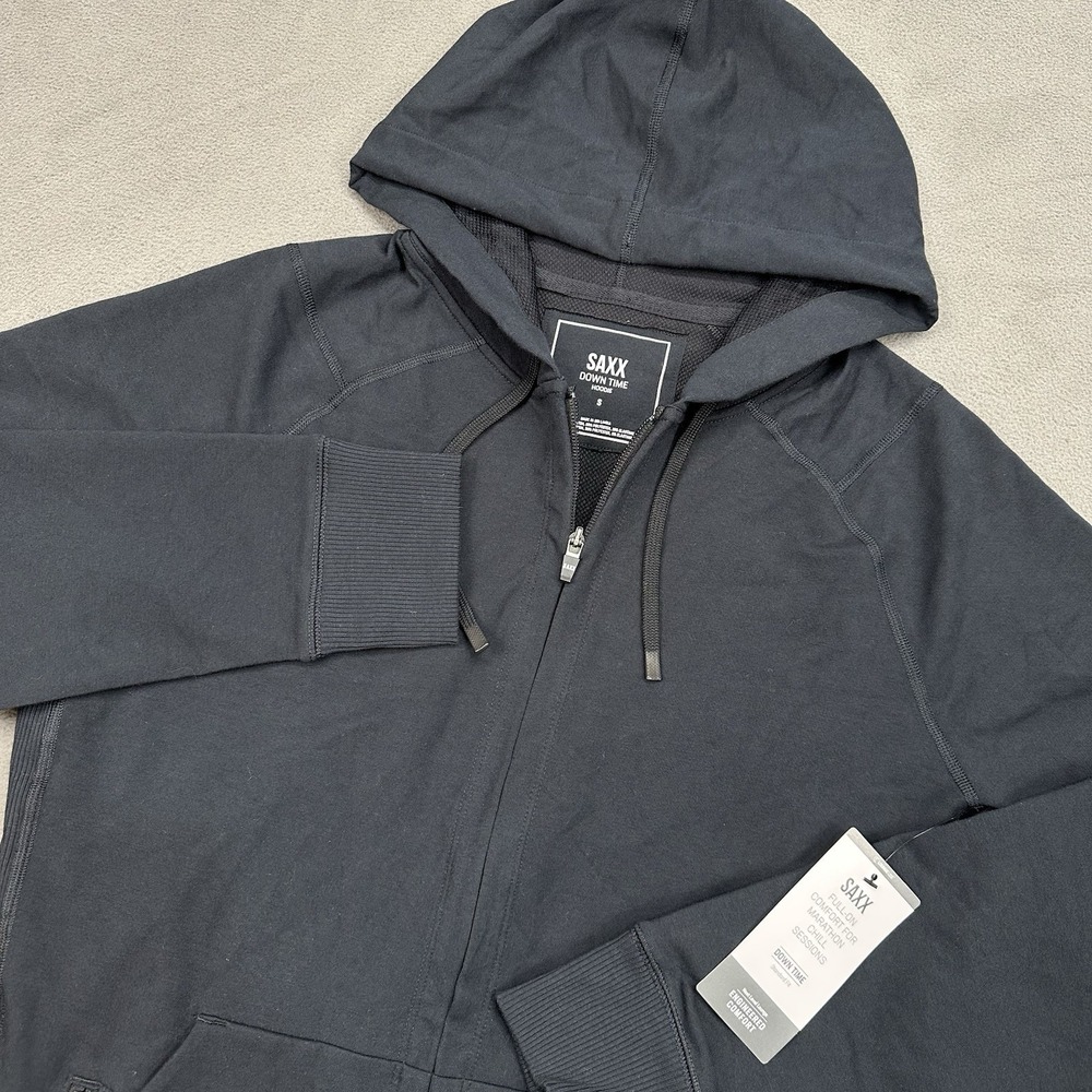 Saxx Down Time Full Zip Hoodie Mens Small Black Moisture Wicking Mid-Weight Tech